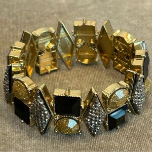 Gold tone glitter black silver tone geometric stretchy pull on bracelet